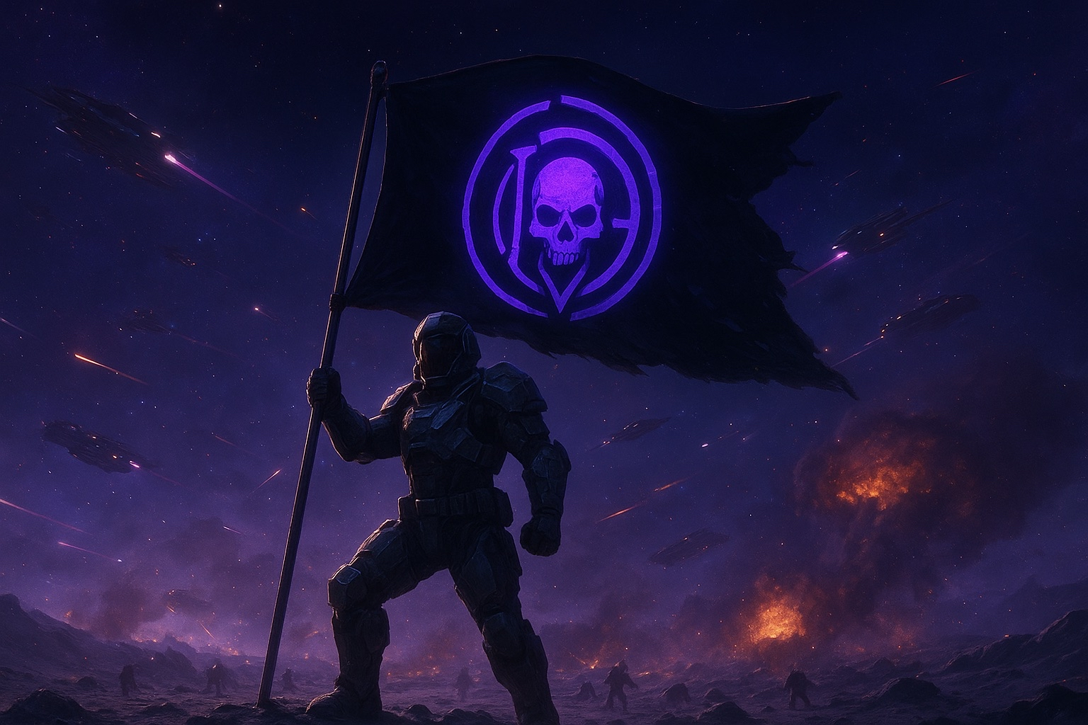 Soldat Disorder portant le drapeau du clan pirate sur un champ de bataille spatial